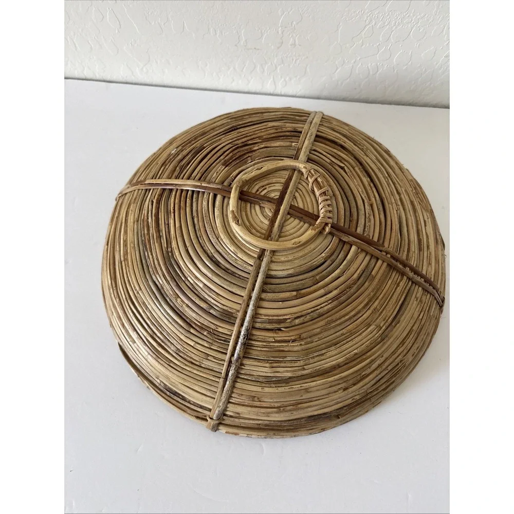 Vintage 60s MCM Pencil Reed Bamboo Rattan Bowl Basket Large